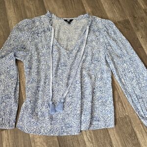FRYE & CO Top Blue Floral Boho Blouse Tassel Fringe Embroidery Western Revolve M